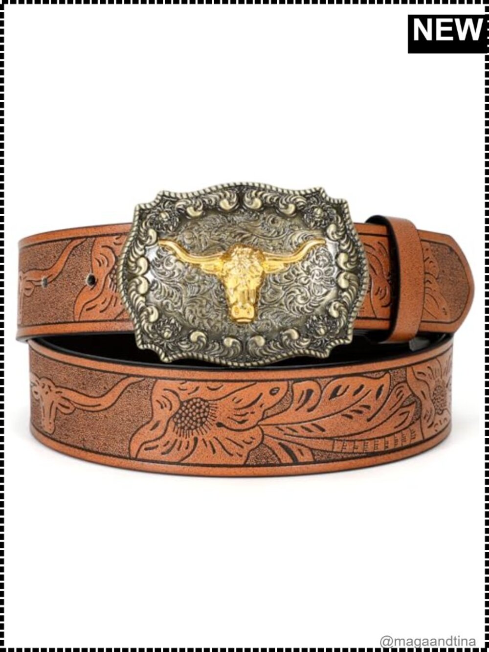 Western Faux Leather Belt Longhorn Bull Buckle Cowgirl Cowboy